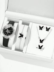 Ladies' Watch & Jewelry Set: 6-piece set including a luxury crystal quartz watch, butterfly necklace, ring, bracelet, and earrings.