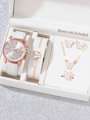 Ladies' Watch Set of 6: Fashionable and Simple White Strap Quartz Watches for Women, with Two Eyes, Roman Numerals, and Butterfly Design Watch Accessories Set, Butterfly Necklace, Butterfly Bracelet, Butterfly