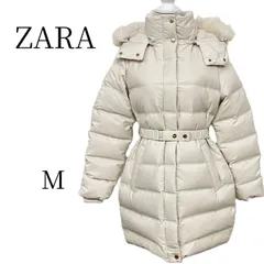 ZARA ザラ ダウンジャケット 撥水加工 ベルト付き Aライン 美シルエット ゴールド金具 フェイクファー フード着脱可能 アイボリー ベージュ サイズM 60%ダウン 40%フェザー 暖か 防寒 高機能