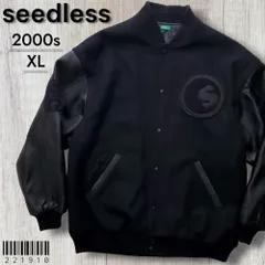 seedleSsシードレス■極美品 2000s 69着限定 リミテッドエディション 袖革 メルトン ウール スタジャン XL オールブラック 黒 中綿入り 刺繍 ワッペン 牛革 レザー スタッシュ seedless サーフ スケート BMXのサムネイル