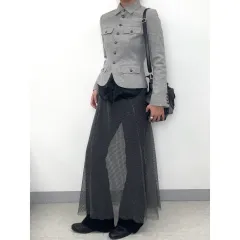 日本 ヴィンテージ グレー メッシュ クロシェ ロング丈 スカート レイヤード スカート