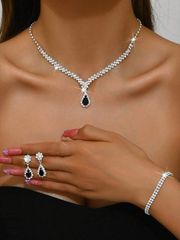 Ladies' Jewelry Set - 3 Pieces: Silver Metal & Rhinestone Necklace, Earrings, and Bracelet - Bridal Wedding Jewelry Set