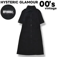 00s ヴィンテージ 日本製 ヒステリックグラマー HYSTERIC GLAMOUR 半袖 膝丈 ストレッチ コットン ツイル シャツ ワンピース ワンポイント ロゴ FREE ブラック レディース ♪