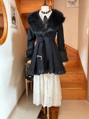 フォックスファー×レザー ロングコート Aライン ベルト 11号 リアル