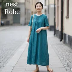 nest Robe ネストローブ 日本製 リネンウェーブタック2wayドレス リネン100% 半袖 ロング シャツワンピース 緑 グリーン F フリーサイズ 麻 羽織 定価2.7万円 未使用品 極美品