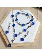 ジュエリー レディース セット ヴィンテージローズフラワーデザインジュエリーセット ネックレス、ブレスレット、ピアス レディース用 ラインストーン装飾 - レッド/ブルーバレンタイン 1セット