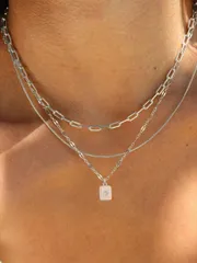 ジュエリー レディース ネックレス セット シルバー マルチレイヤー レース パペルクリップ スタイル ネックレス チェーン 3個セット & 長方形 ペンダントネックレス