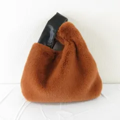 コムサ COMME CA ワンハンドル フェイクファーバッグ フェイクレザー 茶 *A943