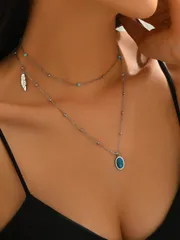 ジュエリー レディース ネックレス 1個 ヴィンテージ ターコイズ オーバル リーフ ステンレススチール 二層ネックレス、女性用ファインな個性的な祝福ネックレス アクセサリー