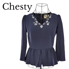 Chesty チェスティ ビジュー付きペムラム トップス ネイビー Vネック 長袖 Size0 フォーマル セレモニー きれいめ フレア レディースのサムネイル