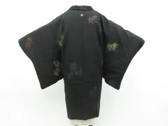 【京松】大正ロマン 黒羽織 羽織 一つ紋 単衣 唐獅子 羽織紐別売 正絹 着物 身丈約90cm 裄丈約59.5cm kyo8z04-746