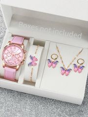 Ladies' Watch Set, Leather Strap, 4-Piece Set: Roman Numeral Analog Quartz Watch & Butterfly Jewelry Set, for Women
