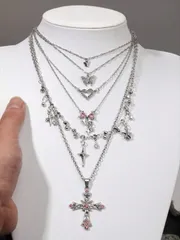 ジュエリー レディース ネックレス 5個セット ファッショナブルな クリスタル レイヤード バタフライ & クロスネックレス、ヴィンテージ ペンタグラム ペンダントチョーカー レディース用