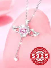 ジュエリー レディース ネックレス S925スターリングシルバー キューピッドの心 立方ジルコニア ネックレス、エンジェルウィング ペンダントネックレス、煌めく石 鎖骨チェーン、フレンチエレガントロマンチックスタイ