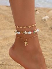 Jewelry for Women: 3-Piece Set of Bohemian Style Gold-Colored Seashell Handmade Chains, Fashionable Faux Pearls, Colored Stones, Starfish Pendant Charms, Ankle Jewelry Set for Women, Beach, Vacation