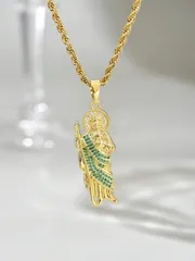ジュエリー メンズ ネックレス 18Kゴールドメッキ メンズヴィンテージ ステンレススチール ツイストチェーンネックレス + 宗教的聖ユダ ジルコニアペンダント、ブリンブリンジルコニア付きペンダント + ゴールドメ