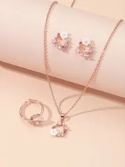 ジュエリー レディース セット 4点セット ローズゴールド キュービックジルコニア フラワー&パール ネックレス、ピアス、リング レディース用