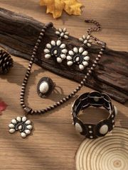 Women's Vintage Bohemian Turquoise Bronze Jewelry Set (4 pieces): Necklace, Earrings, Ring, Bracelet. Suitable for everyday wear and holiday outfits.