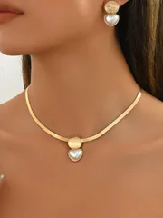 ジュエリー レディース セット 3点セット女性用ネックレス + ピアス ジュエリーセット、ファッションゴールデンフラットスネークチェーン、幾何学模様ストライプディスク、フォークパール ハートペンダント ミックスデザ