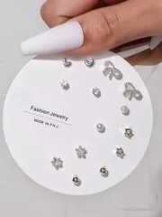 ジュエリー レディース イヤーアクセサリー セット  フラワー、ハート&リボンのピアスセット 14個入り、女性の可愛い デイリーカジュアルウェア用