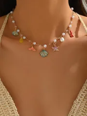 ジュエリー レディース ネックレス 1個 女性用 ゴールド ヒトデ 貝殻 フェイクパール ネックレス ボヘミアン ビーズ 貝殻 カラーネックレス ビーチ ハワイアン ホリデー マーメイド アクセサリー ジュエリー