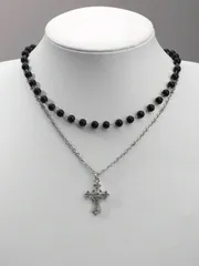 ジュエリー レディース ネックレス 2個セット ゴシック調 黒 フェイクパール ラインストーン クロスネックレス レディース用