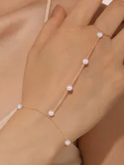 ジュエリー レディース ブレスレット 1個 925スターリングシルバー上品なパールリング ブレスレット ハンドチェーン レディース、上品なキュービックジルコニアブレスレットとリングチェーン ボディジュエリー 日常着