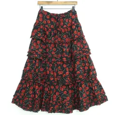 【美品】ピンクハウス★豪華！かぶせ段々フリルのスカート 黒系 キュートな大粒チェリー柄♪z19837