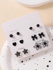 ジュエリー レディース イヤーアクセサリー セット  ファッショナブルなちょう結び、ハート、花、星 金属とレジンのスタッドピアス 6ペアセット、シンプルでかわいいデザイン、女性の日常カジュアルウェア向け ジュエリー