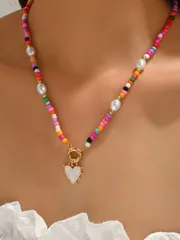 ジュエリー レディース ネックレス ヨーロッパ/アメリカ製 手作りカラフルビーズ&模造真珠ハート型ペンダントネックレス、女性用ビーチパーティーアクセサリー