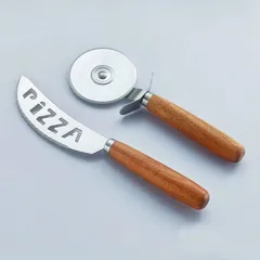 【新品】ピザカッター＆ピザナイフ 2点セット｜木製ハンドル ステンレス ピザ用カッティングツールのサムネイル