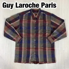 美品 Guy Laroche Paris ギ•ラロッシュ 長袖シャツ メガチェック L カーキ×ブラウン×ネイビー×レッド 着丈76.5cm 肩幅48cm 身幅55.5cm 袖丈57.5cm 【古着】のサムネイル