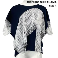 ◇ リツコシラハマ RITSUKO SHIRAHAMA 異素材メッシュ アシンメトリーカットソー 半袖 クルーネック 紺 白 綿 1 M ９号 レディース S6D801のサムネイル