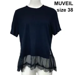 ◇ ミュベール MUVEIL 裾レース切り替え カットソー クールネック 半袖  チュール レイヤード 黒 38 M 9号 レディース S6D802のサムネイル