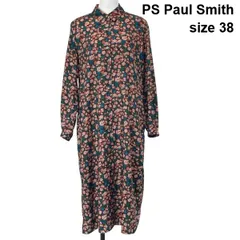 ◇ ピーエスポールスミス PS Paul Smith アートフラワーモチーフ シャツワンピース 長袖 ミモレ丈 光沢感 38 M 9号 レディース S6D789