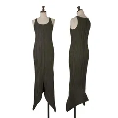 イッセイミヤケISSEY MIYAKE プリーツ裾変形ノースリーブロングワンピース カーキ カーキM