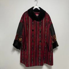 希少 カトマンズインポート 刺繍 ロングコート 花柄 M シルク調 