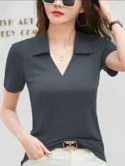 Vネック 半袖 カラーTシャツ ブラック レディース 66サイズ