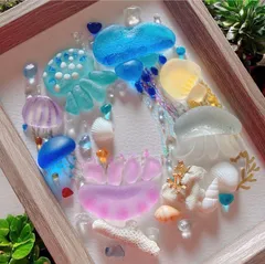 クーポンあり❣️海の宝石　くらげリース❣️シーグラスアート　クラゲリウム　jelly fish  お魚アート　海インテリア　ウォールアート　アクアリウム　水族館　ヒーリングアート