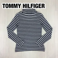 【美品】TOMMY HILFIGER トミーヒルフィガー ボーダー柄 タートルネック 長袖カットソー ロングスリーブシャツ S グレー&ブラック 着丈54cm 肩幅34cm 身幅(脇下)36cm 袖丈57cm【古着】