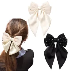 【新品】 [MALFY] リボンヘアアクセ 2個セット バレッタ キラキラ ラインストーン ヘアアクセサリー ヘアクリップ 高見え 大きめ ブラック オフホワイト ハーフアップ フレンチガーリー お嬢様 レディース ベロア リボン 黒