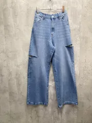 新品 moment+ モーメントプラス ヘビーツイル&デニムダメージストレートパンツ デニムパンツ シンプル 着回しsizeL/サックスブルー ■■ レディース