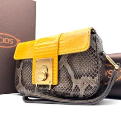 未使用保管品 TODS トッズ フロント金具 クラッチバッグ セカンドバッグ パーティバッグ リアル パイソン レザー 本革 グレー イエロー 蛇 エキゾチックレザー フラップ ゴールド金具 夏 ボーナス ご褒美 希少