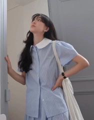 ピーチジョン コットン混レースシャツパジャマ さくらんぼ ストライプ