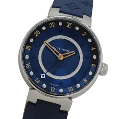 ルイ・ヴィトン LOUIS VUITTON 時計 メンズ ブランド タンブール ムーン デュアル タイム MM ダイヤモンド クオーツ QZ ステンレス SS ラバー QA142 シルバー ネイビー 磨き済み 【中古】