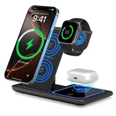 3in1ワイヤレス充電器(非磁気)折り畳み式ワイヤレス充電器15W/10W/7.5W出力3台同時に充電i-Phone17/16/15/14/13/AirPods/Galaxyなど対応黒ですのサムネイル