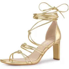 アレグラ ケー レディース シューズ パンプス サンダル レース ヒール ALLEGRA K Womens Lace Up Strappy Chunky Higheelsandals Gold ゴールド