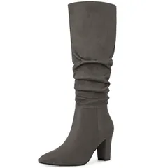アレグラ ケー レディース シューズ ブーツ・レインブーツ ヒール ALLEGRA K Womenslouch Pointed Toe Chunky Heel Knee High Boots Grey グレー