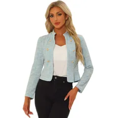 アレグラ ケー レディース アウター ジャケット・ブルゾン ツイード ブレザー ALLEGRA K Womens Elegant Plaid Tweed Blazer Jacket Light Blue ブルー