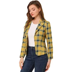 アレグラ ケー レディース アウター ジャケット・ブルゾン ブレザー ALLEGRA K Womens Allover Long Sleeve Notched Lapel Open Front Blazer Yellow Plaid イエロー